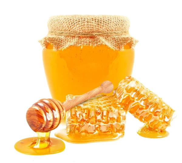 Honing Druipen Honingraat Geïsoleerd Een Witte Achtergrond — Stockfoto