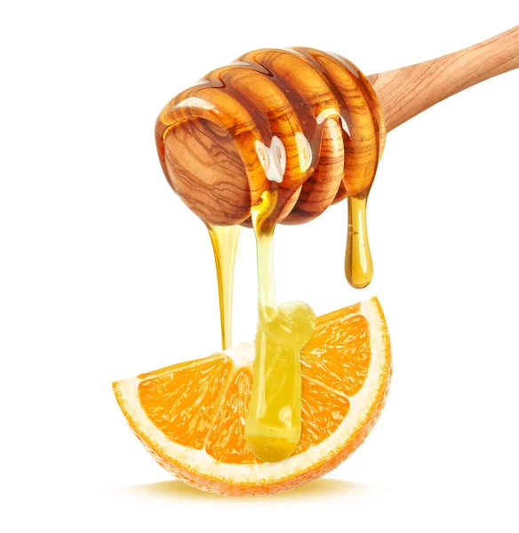 Honey Dripping Orange Isolated White Background — Stock Photo, Image