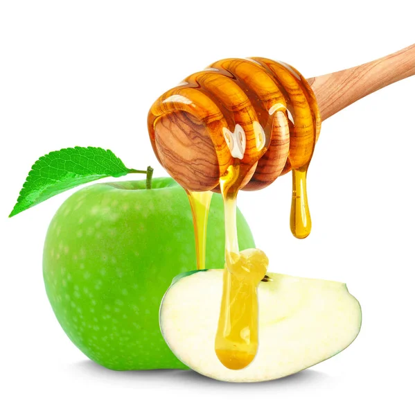 Honig Der Auf Eine Apfelscheibe Tropft Isoliert Auf Weiß — Stockfoto