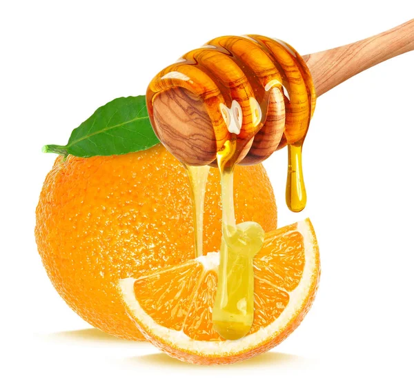 Miel Goteando Sobre Naranja Aislada Sobre Fondo Blanco — Foto de Stock