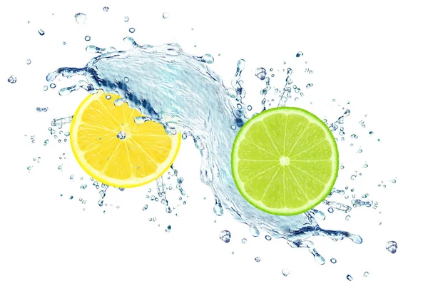 Spruzzi Acqua Fetta Lime Limone Isolati Bianco — Foto Stock