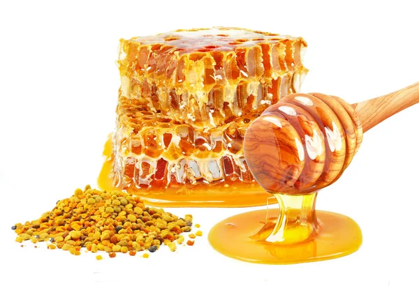 Dripping Honey Honeycomb Bee Pollen Isolated White — Stock Photo, Image