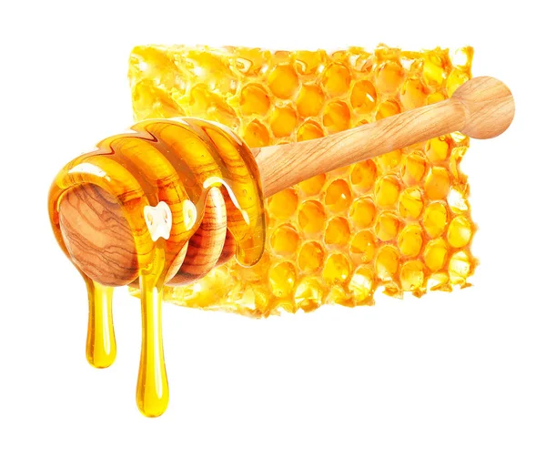 Tropfender Honig Und Waben Isoliert Auf Weißem Hintergrund — Stockfoto