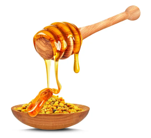 Pollen Wooden Bowl Dripping Honey Isolated White Background — Stock Photo, Image