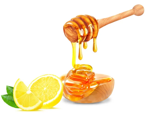 Honey Dripping Bowl Lemon Isolated White — Stock Photo, Image