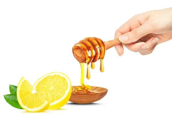 Honey Dripping Bowl Lemon Hand Isolated White — Stock Photo, Image