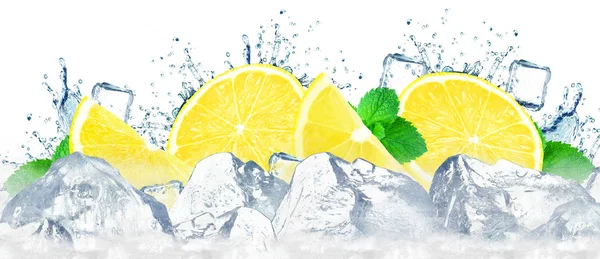 Lemon Water Splash Ice Cubes Isolated White — Stock Photo, Image