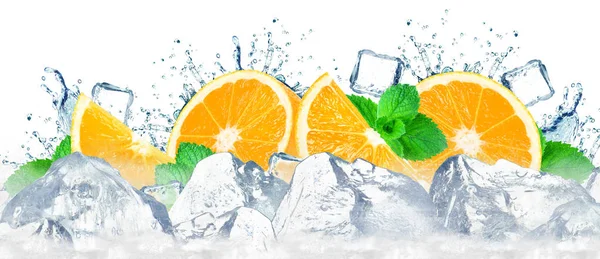 Orange Water Splash Ice Cubes Isolated White — Stock Photo, Image