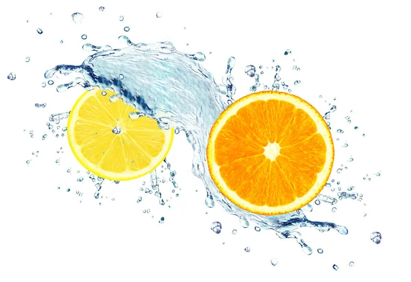 Orange Lemon Water Splash Isolated White — Stock Photo, Image