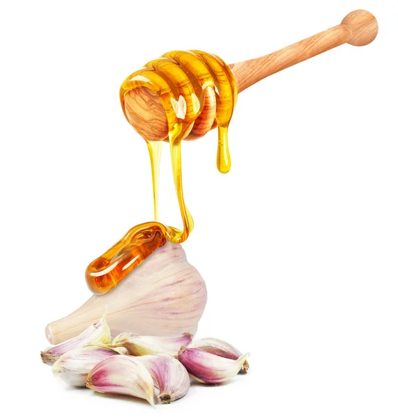 Honey Dripping Garlic Isolated White — Stock Photo, Image