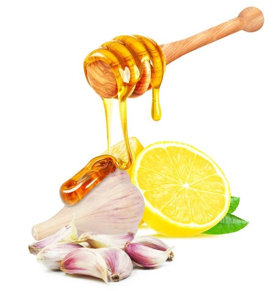Mel Pingando Alho Limão Isolado Branco — Fotografia de Stock