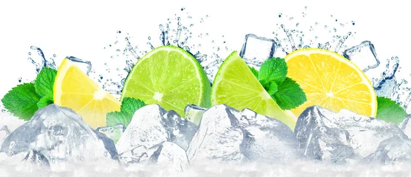 Lime Lemon Splash Water Ice Cubes Isolated White — Stock Photo, Image