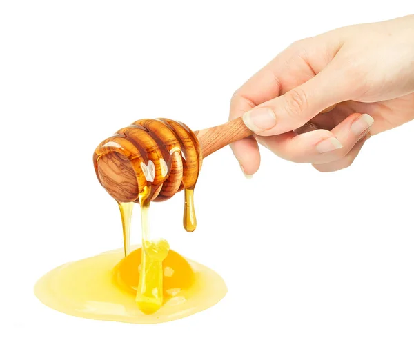 Honig Tropft Auf Ein Und Hand Isoliert Auf Weiß — Stockfoto