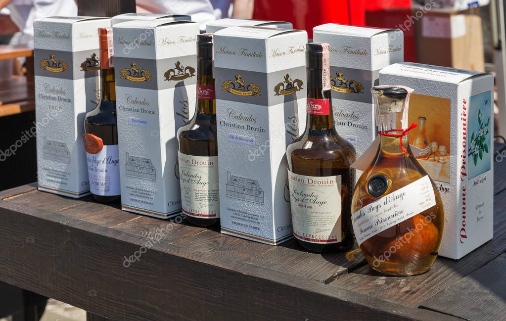 KIEV, UKRAINE - JUNE 02, 2018: Calvados booth at Kyiv Wine Festival. Big festival of wine and healthy food was organized by Good Wine company, 77 winemakers from around the world took part there.