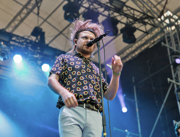 KIEV, UKRAINE - JULY 04, 2018: Enter Shikari, a British alternative post hardcore rock band and Rou Reynolds, lead singer and frontman performs live at Atlas Weekend Festival in National Expocenter.