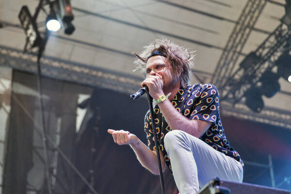 KIEV, UKRAINE - JULY 08, 2018: Enter Shikari, a British alternative post hardcore rock band and Rou Reynolds, lead singer and frontman performs live at Atlas Weekend Festival in National Expocenter.