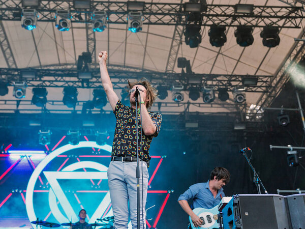 KIEV, UKRAINE - JULY 08, 2018: Enter Shikari, a British alternative post hardcore rock band and Rou Reynolds, lead singer and frontman performs live at the Atlas Weekend Festival in National Expocenter.