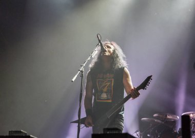 Kiev, Ukrayna - 05 Temmuz 2018: Alman thrash metal rock band Kreator ve Mille Petrozz, vokalist ve ritim gitarist canlı Ulusal Expocenter Atlas hafta sonu Festivali gerçekleştirir.