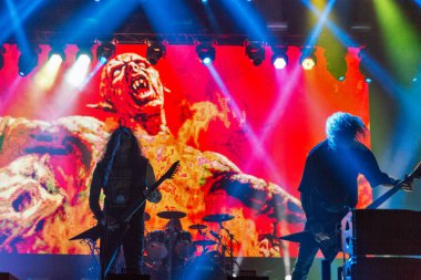 Kiev, Ukrayna - 05 Temmuz 2018: Alman thrash metal rock band Kreator ve Mille Petrozz, vokalist ve ritim gitarist canlı Ulusal Expocenter Atlas hafta sonu Festivali gerçekleştirir.