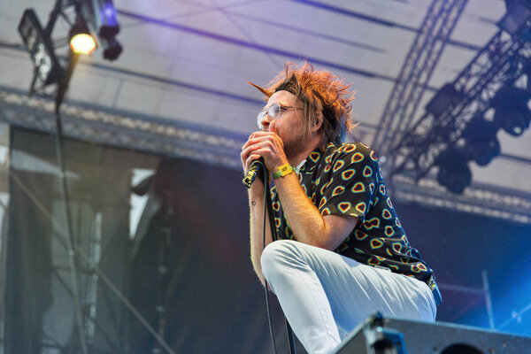 KIEV, UKRAINE - JULY 08, 2018: Enter Shikari, a British alternative post hardcore rock band and Rou Reynolds, lead singer and frontman performs live at Atlas Weekend Festival in National Expocenter.