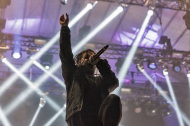 Kiev, Ukrayna - 06 Temmuz 2018: Alman metalcore rock grubu Eskimo Callboy canlı Ulusal Expocenter Atlas hafta sonu Festivali gerçekleştirir.