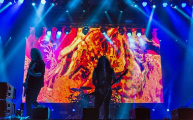 Kiev, Ukrayna - 05 Temmuz 2018: Alman thrash metal rock band Kreator ve Mille Petrozz, vokalist ve ritim gitarist canlı Ulusal Expocenter Atlas hafta sonu Festivali gerçekleştirir.