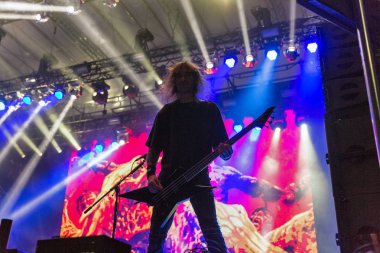 Kiev, Ukrayna - 05 Temmuz 2018: Alman thrash metal rock band Kreator ve Hıristiyan 