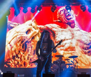 Kiev, Ukrayna - 05 Temmuz 2018: Alman thrash metal rock band Kreator ve Mille Petrozz, vokalist ve ritim gitarist canlı Ulusal Expocenter Atlas hafta sonu Festivali gerçekleştirir.