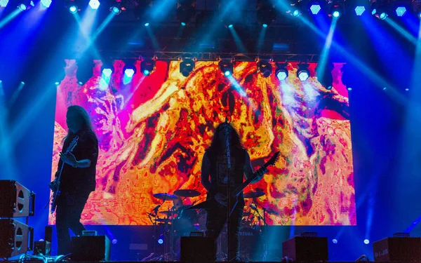 Kiev, Ukrayna - 05 Temmuz 2018: Alman thrash metal rock band Kreator ve Mille Petrozz, vokalist ve ritim gitarist canlı Ulusal Expocenter Atlas hafta sonu Festivali gerçekleştirir.