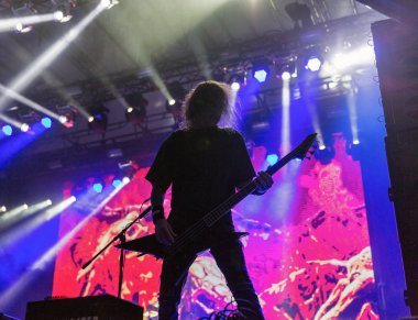 Kiev, Ukrayna - 05 Temmuz 2018: Alman thrash metal rock band Kreator ve Hıristiyan 
