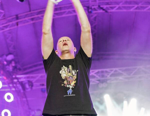 KIEV, UKRAINE - JULY 08, 2018: Amit Duvdevani of Infected Mushroom, an Israeli psytrance, electronica, and psychedelic music duo performs live at the Atlas Weekend Festival in National Expocenter.