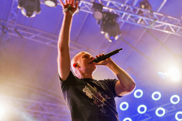 KIEV, UKRAINE - JULY 08, 2018: Amit Duvdevani of Infected Mushroom, an Israeli psytrance, electronica, and psychedelic music duo performs live at the Atlas Weekend Festival in National Expocenter.