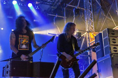 Kiev, Ukrayna - 05 Temmuz 2018: Alman thrash metal rock band Kreator ve Mille Petrozz, vokalist ve ritim gitarist canlı Ulusal Expocenter Atlas hafta sonu Festivali gerçekleştirir.