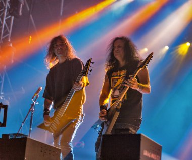 Kiev, Ukrayna - 05 Temmuz 2018: Alman thrash metal rock band Kreator ve Mille Petrozz ve Christian Speesy Giesler gerçekleştirir canlı Ulusal Expocenter Atlas hafta sonu Festivali.