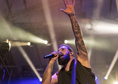 Kiev, Ukrayna - 04 Temmuz 2018: Amerikan Hıristiyan metal rock band tava ve John Cooper, vokalist ve bas gitarist canlı Ulusal Expocenter Atlas hafta sonu Festivali gerçekleştirir.