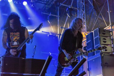 Kiev, Ukrayna - 05 Temmuz 2018: Alman thrash metal rock band Kreator ve Mille Petrozz, vokalist ve ritim gitarist canlı Ulusal Expocenter Atlas hafta sonu Festivali gerçekleştirir.