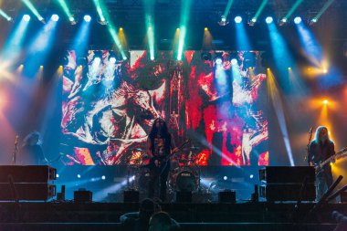 Kiev, Ukrayna - 05 Temmuz 2018: Alman thrash metal rock band Kreator ve Mille Petrozz, vokalist ve ritim gitarist canlı Ulusal Expocenter Atlas hafta sonu Festivali gerçekleştirir.