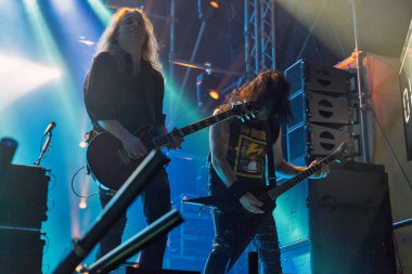 Kiev, Ukrayna - 05 Temmuz 2018: Alman thrash metal rock band Kreator ve Mille Petrozz, vokalist ve ritim gitarist canlı Ulusal Expocenter Atlas hafta sonu Festivali gerçekleştirir.
