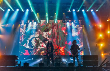 Kiev, Ukrayna - 05 Temmuz 2018: Alman thrash metal rock band Kreator ve Mille Petrozz, vokalist ve ritim gitarist canlı Ulusal Expocenter Atlas hafta sonu Festivali gerçekleştirir.