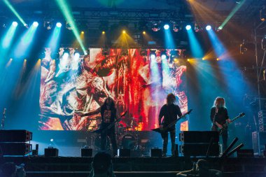 Kiev, Ukrayna - 05 Temmuz 2018: Alman thrash metal rock band Kreator ve Mille Petrozz, vokalist ve ritim gitarist canlı Ulusal Expocenter Atlas hafta sonu Festivali gerçekleştirir.