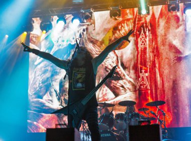Kiev, Ukrayna - 05 Temmuz 2018: Alman thrash metal rock band Kreator ve Mille Petrozz, vokalist ve ritim gitarist canlı Ulusal Expocenter Atlas hafta sonu Festivali gerçekleştirir.