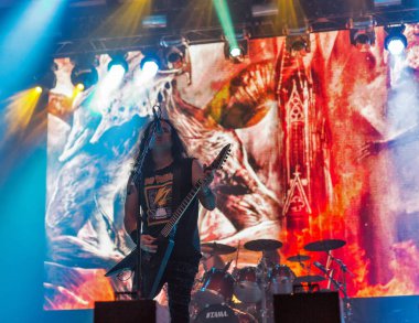 Kiev, Ukrayna - 05 Temmuz 2018: Alman thrash metal rock band Kreator ve Mille Petrozz, vokalist ve ritim gitarist canlı Ulusal Expocenter Atlas hafta sonu Festivali gerçekleştirir.