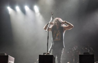 Kiev, Ukrayna - 05 Temmuz 2018: Alman thrash metal rock band Kreator ve Mille Petrozz, vokalist ve ritim gitarist canlı Ulusal Expocenter Atlas hafta sonu Festivali gerçekleştirir.