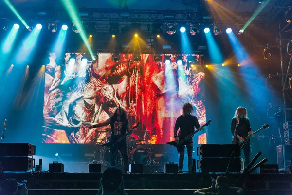 Kiev, Ukrayna - 05 Temmuz 2018: Alman thrash metal rock band Kreator ve Mille Petrozz, vokalist ve ritim gitarist canlı Ulusal Expocenter Atlas hafta sonu Festivali gerçekleştirir.