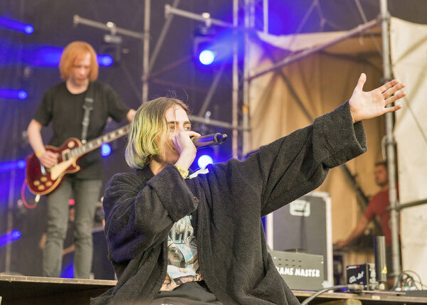 KIEV, UKRAINE - JULY 08, 2018: Vulgar Molly, an Ukrainian pop synthy punk band performs live at the Atlas Weekend Festival in National Expocenter.