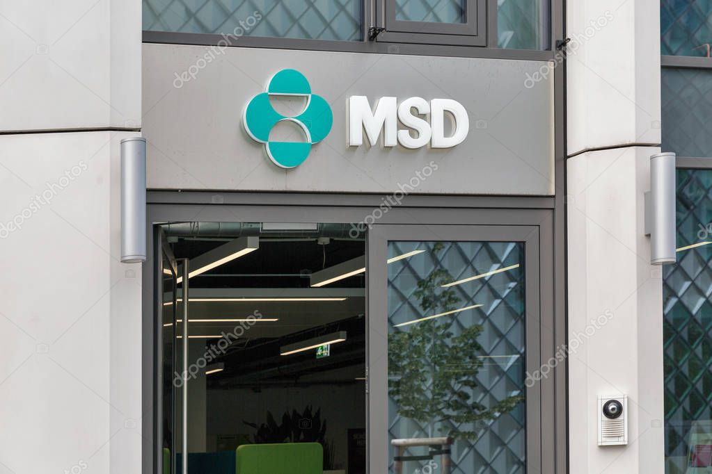 BERLIN, GERMANY - JULY 13, 2018: Closeup detail of a MSD office with Merck Sharp and Dohme Logo. It is an American pharmaceutical company and one of the largest pharmaceutical companies in the world.