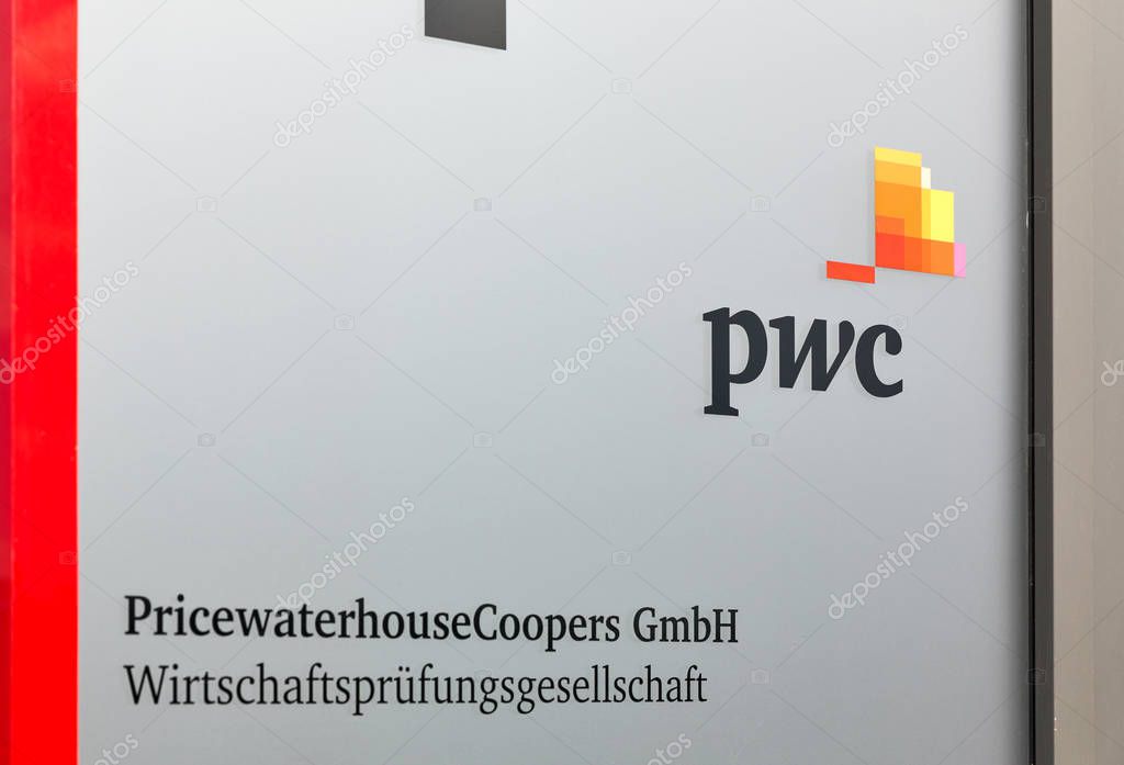 BERLIN, GERMANY - JULY 13, 2018: Pricewaterhouse Coopers Gmbh or PwC logo outdoors. PwC ranks as the second largest professional services firm in the world and is one of the Big Four auditors.
