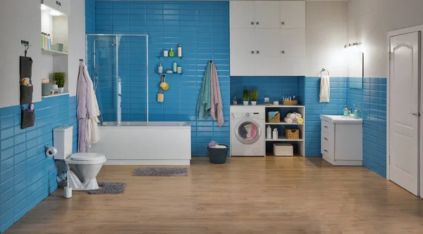 Modern Fürdőszoba Fehér Kék Csempe — Stock Fotó