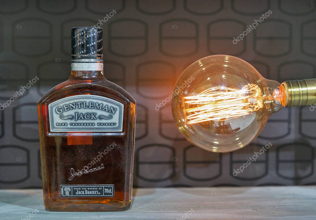 KIEV, UKRAINE - OCTOBER 20, 2018: Jack Daniels Gentleman Jack Tennessee straight bourbon whisky bottle booth at 4th Ukrainian Whisky Dram Festival by Good Wine company in Artistic Arsenal.