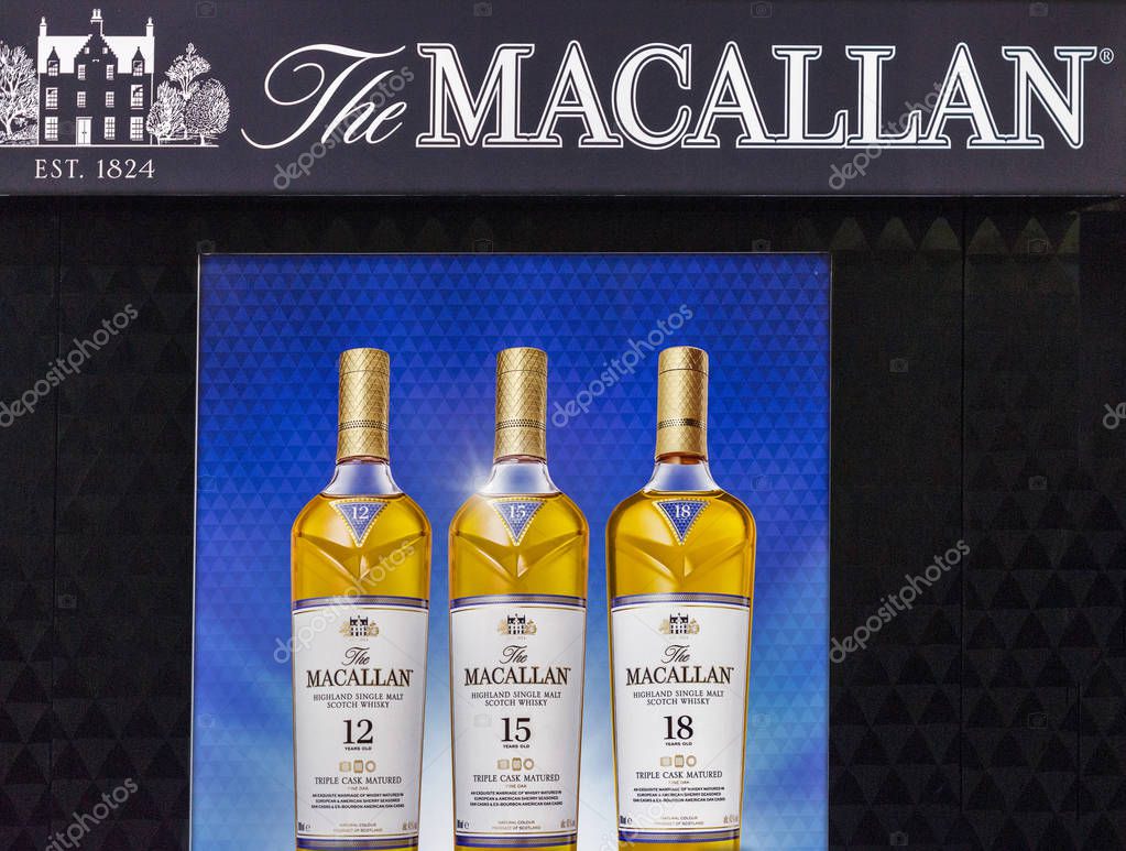 KIEV, UKRAINE - OCTOBER 20, 2018: The Macallan Scottish single malt whisky booth closeup at 4th Ukrainian Whisky Dram Festival organized by Good Wine company in Artistic Arsenal.